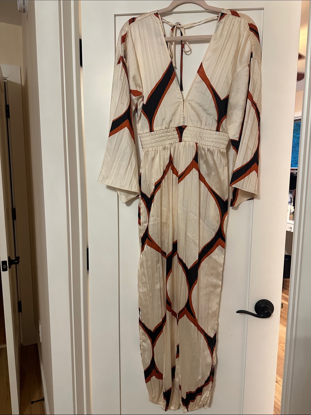 Misa Los Angeles Cream Jumpsuit with Rust and Black Geometric Pattern